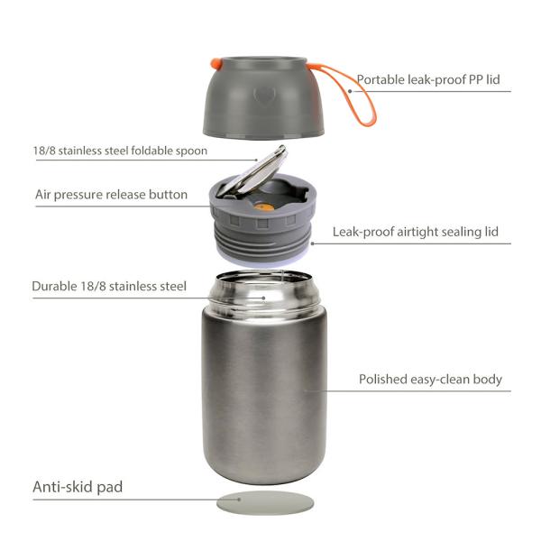 Vacuum Insulated Stainless Steel Lunch Thermos Leak Proof Soup Containers with Folding Spoon for Hot or Cold Food