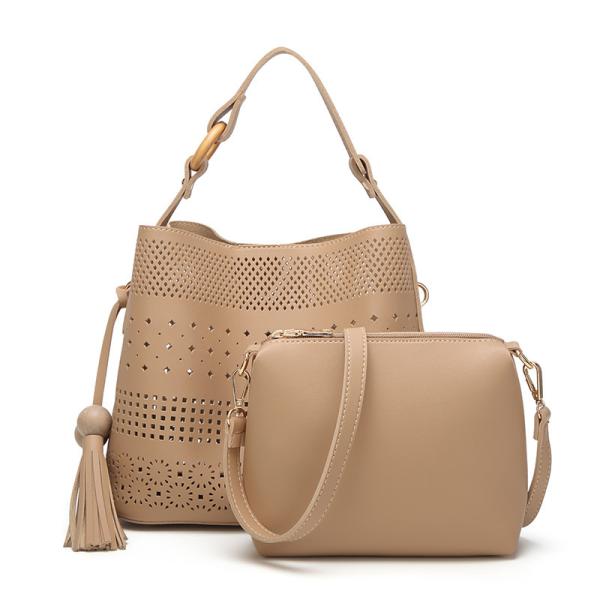 Buy Hollow Out Beige Faux Leather PU Bucket Barrel Purse Leather at wholesale prices