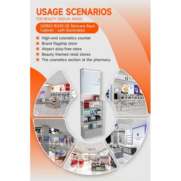 GDR02-BG05-28 Left Illuminated Skincare Display Cabinet with 60mm Soft Film Light Box and Grey Edge Banding for Fashion Boutiques