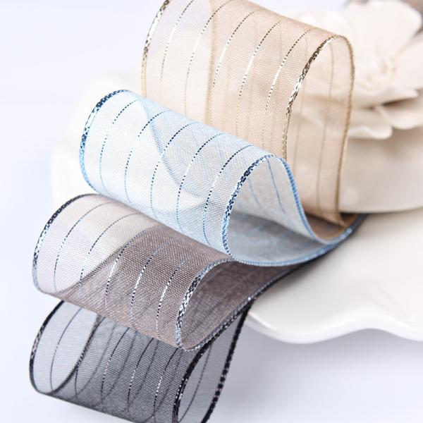 10mm-25mm Gold Line Striped Polyester Organza Ribbon for Gift Wrapping and Boxes Packing or Ribbon Bow