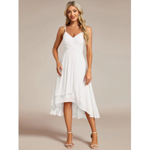 Popular V-neck Spaghetti Strap Empire A-line High-low Chiffon Wedding Guest