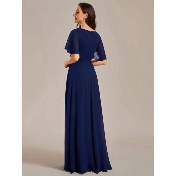 Sexy Empire Applique A-line Short Flutter Sleeves V-neck Invisible Zipper Navy Blue Chiffon Graduation Dress