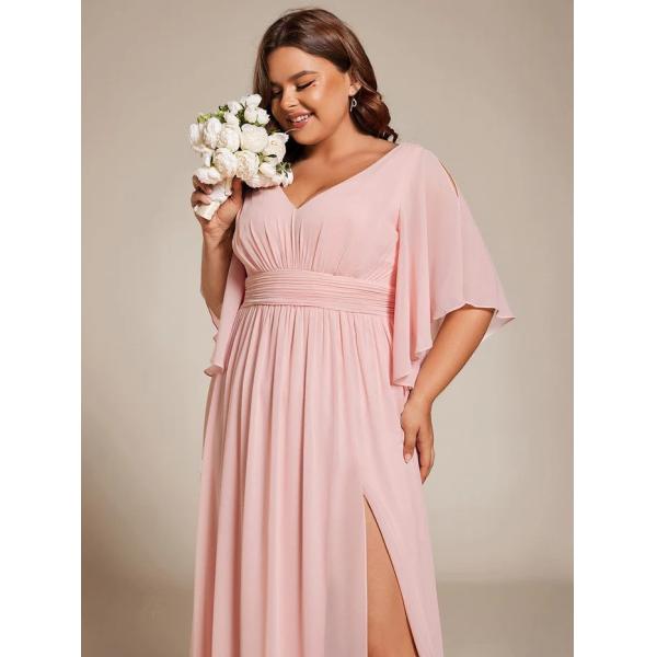 Empire Plus Size V-neck Ruffled A-line Invisible Zipper Half Flutter Sleeves Pink Chiffon Evening Dress