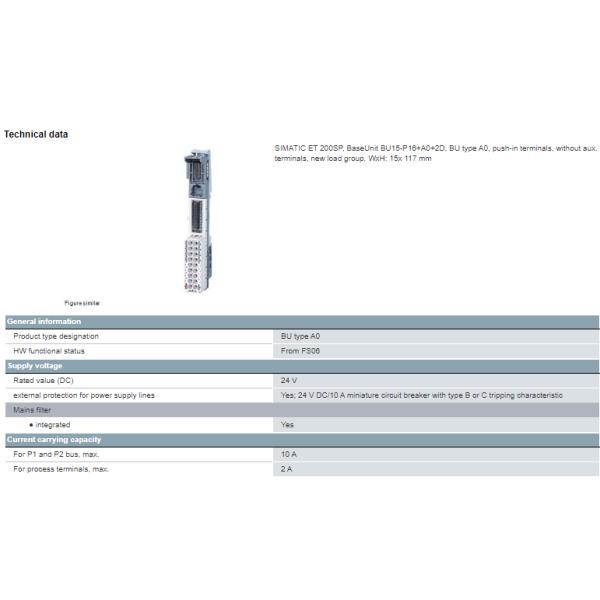 6ES7193-6BP00-0BA0 ET 200SP Baseunit Typ A0 BU15-P16 A0 2B Base Unit Siemens BaseUnit