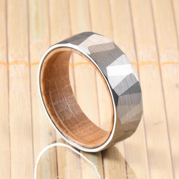 Sample Making 8mm Faceted Hammered Tungsten Ring with Whiskey Barrel Wood Inner Mens Wedding Ring Comfort Fit