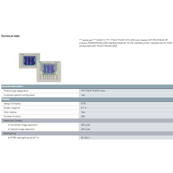 6AV6642-0BA01-1AX1 Smart Panel SIMATIC TP 177B 6" PN/DP STN 256 Color Display