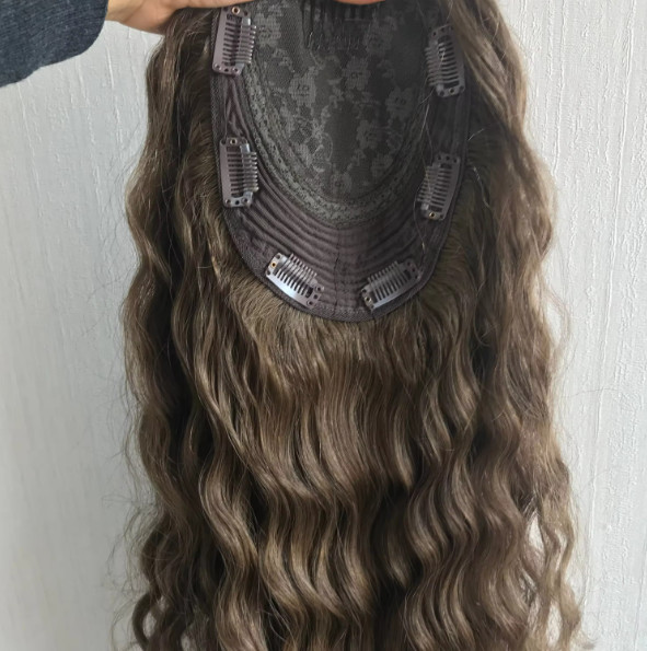 European hair silk topper natural wave brown color Kosher topper hand hook topper for hairloss