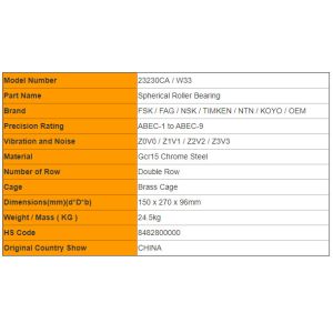 Durable Useful Double Row Spherical Roller Bearing 23230CA / W33