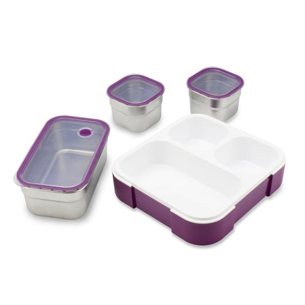 3 Compartment Stainless Steel Leak Proof Lunch Box with Lunch Bag 720ml Purple