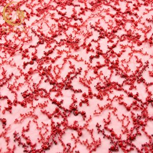 Embroidery Beaded Red Flower Lace 20% Polyester Glitter Handmade 135cm Width
