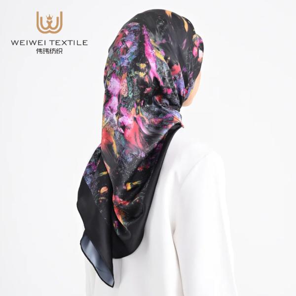Custom Printed Watercolor Summer Shimmer Square Scarf Comfortable Satin Silk Hijab Shawl for Women Factory Direct