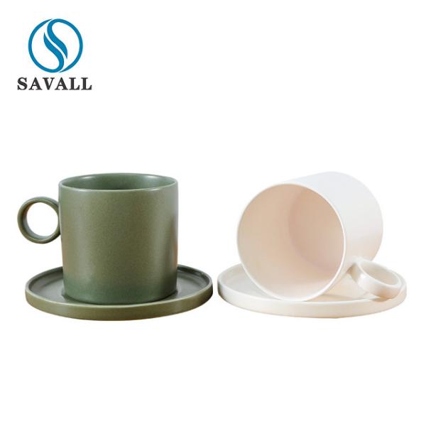 Buy Scratch Resistant 200ml White Green Porcelain Coffee Mugs With Saucer at wholesale prices