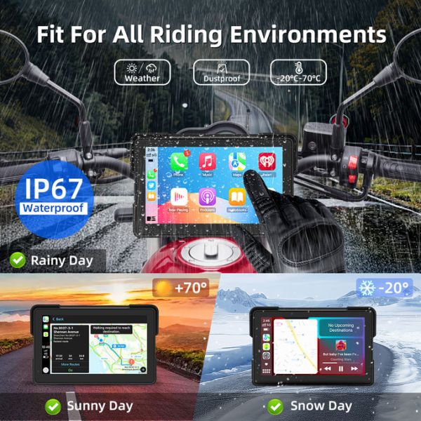 Grandnavi 7 Inch Quick Release Motorcycle Carplay Detachable IP67 Support Wireless Carplay Android Auto for Scooter Motobike UTV