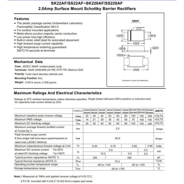 2A Ss22f Thru Ss220f Schottky Barrier Rectifier Diode Smaf Package