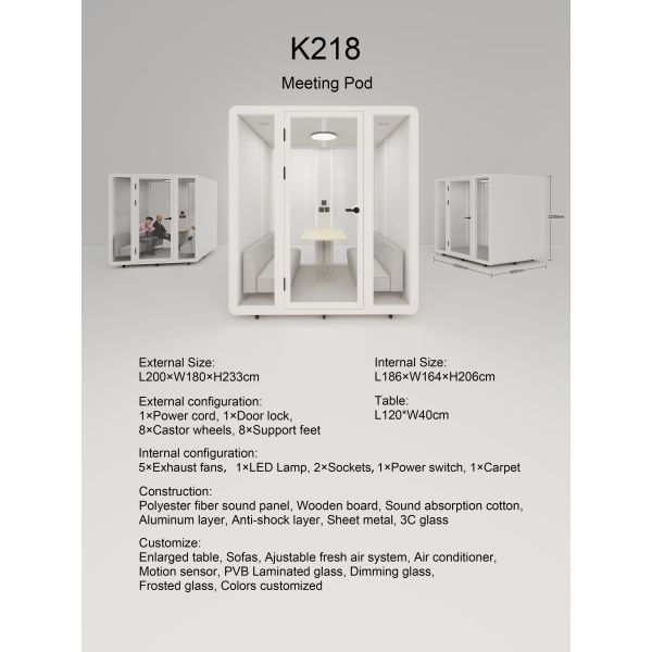 STC35dB Soundproof Pod with Fast Installation and Movable Design for Office and Meeting Spaces