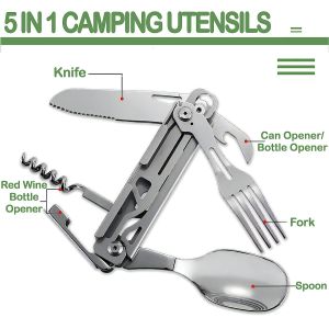 5-in-1 Camping Utensils, Multitool with Safety Locking, Detachable Stainless