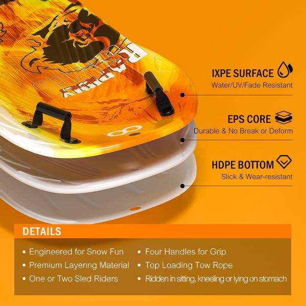 Adult 122cm Woowove Custom Snowboard Foam HDPE Plastic Snow Sled with 2 Handles Pull Rope