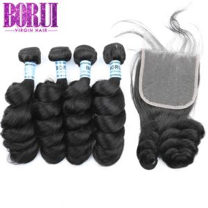 Loose Wave 1B Virgin Peruvian Human Hair Extension With Closure