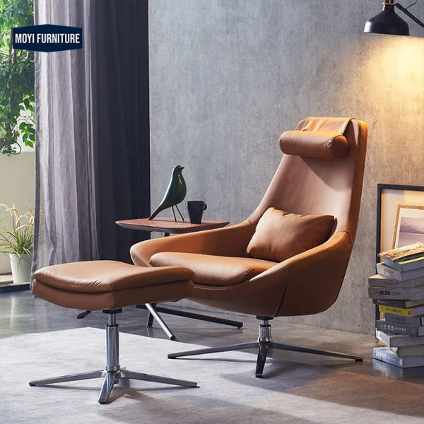 Leather Wood Metal Nordic Single Sofa Chair Seat Modern Simple Creative Leisure Swivel Chair Designer Living Room Bedroom