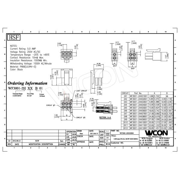 Dual Row 3.0mm Housing Wire To Board Connector LCP black ROHS matching with WF3001-T