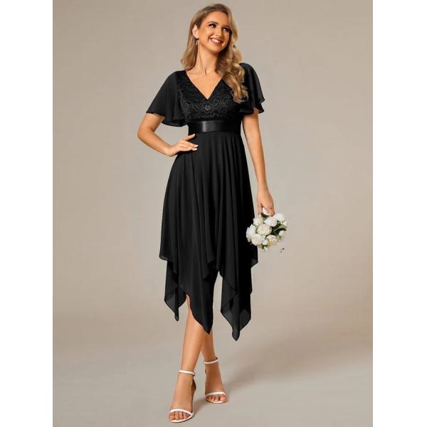 Asymmetrical Hem V-neck Empire Waist A-line Short Sleeves Knee-length Black Lace Chiffon Evening Dress
