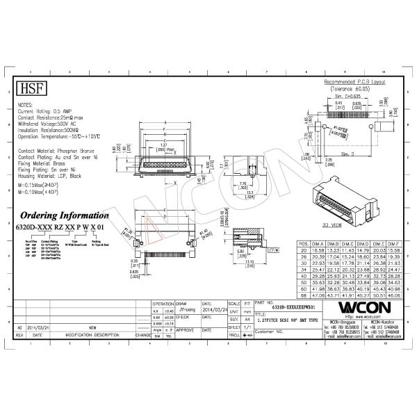 1.27mm 40 pin scsi connector male DDK-Type gold on contact , tin on tail