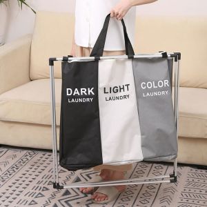 Waterproof Sturdy Collapsible Laundry Hamper With Triple Baskets Reusable