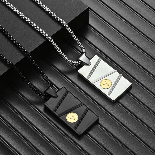 V Letter Embossed Men's Necklace with Square Pendant Simple Numerology Jewelry for Anniversary Occasion