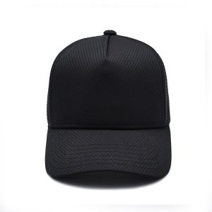 China Short Brim Polyester 5 Panel Trucker Cap Black Color 7 Holes Plastic Snap on sale