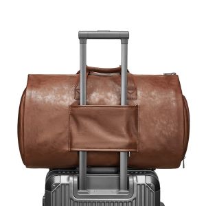 Outdoor PU Leather Travel Duffle Bag Brown With Separate Shoe Compartment