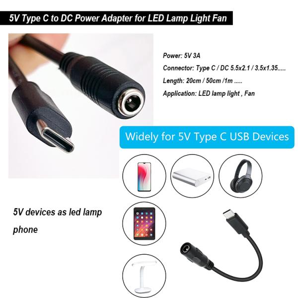 5V Type C to DC 3.5x1.35mm 5.5x2.1mm Power Charging Extension Cable for LED Desk Lamp Fan