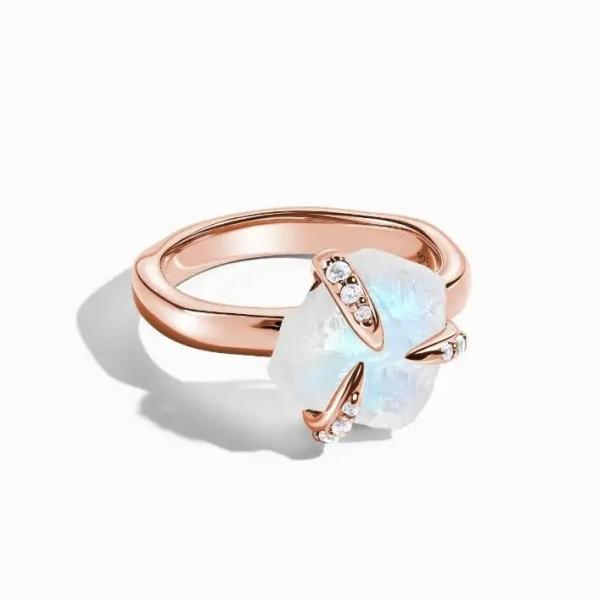 Trendy Jewelry Raw Moonstone Ring Sterling Silver 925 Irregular Three Prongs Women Jewelry
