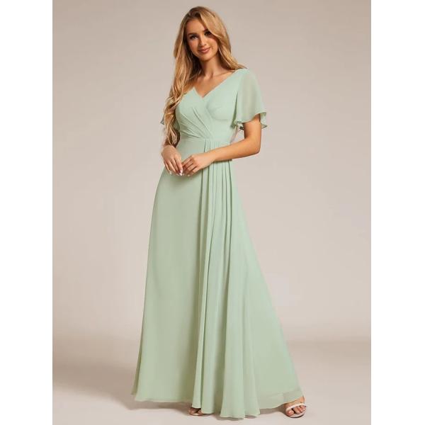 A-line Ruffle Sleeves And High Slit V-neck Mint Green Chiffon Bridesmaid Dress