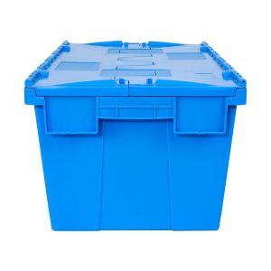Moving Industrial Plastic Container with Hinged Attached Lid and Lockable Hinged