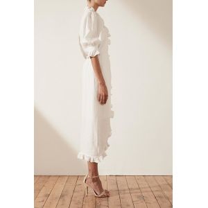 Linen Puff Sleeve Wrap Midi Elegant Dress Cotton Ladies