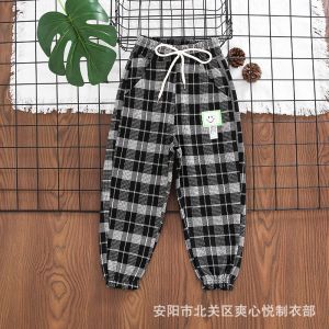 Full Length Casual Girls Grid Pattern Pants 42cm To 68cm