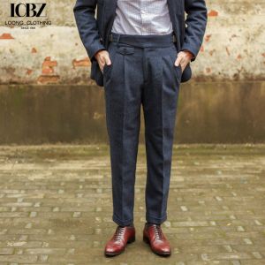 British Herringbone Vintage Woolen Casual Trousers Straight Hemmed Classic Men's