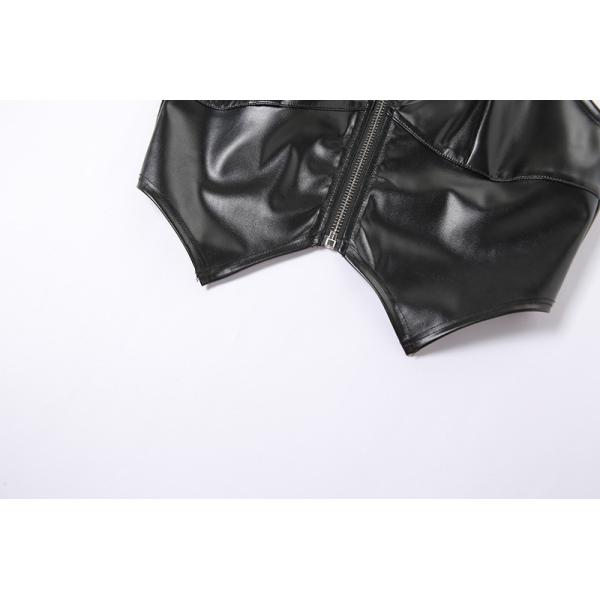 Ladies Lace Up Halter Neck Zipper Black Leather Tank Top