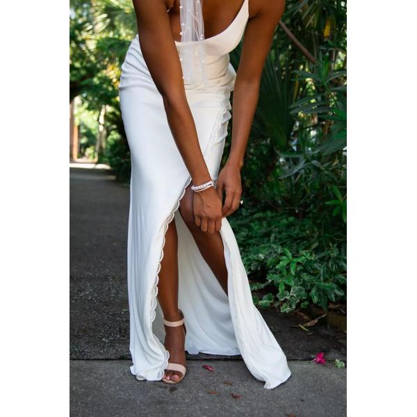 Sleek Sheath Figure-flattering Draping Ruching Spaghetti Straps V-neckline Slit Side Zipper White Chiffon Wedding Dress