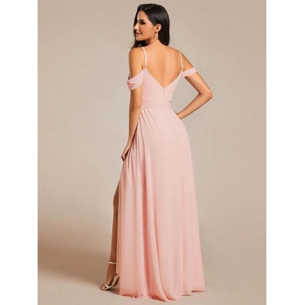 Plus Size A-line Ruffled V-neck Spaghetti Strap High Slit Mint Green Chiffon Bridesmaid Dress