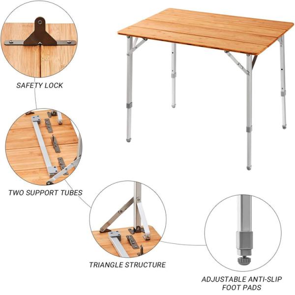 100*65cm Tabletop Bamboo Wooden Metal Folding Picnic Dining Table for Outdoor Camping