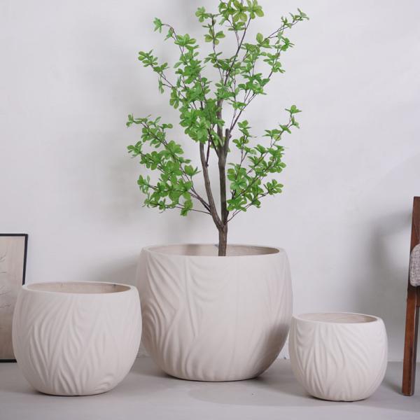 Irregular Wavy Lines Pattern Neutral Beige Round Fiber Clay Planter