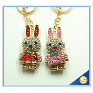 Trendy Rhinestone Cute Rabbit Shape Crystal Gold Plated Key Chain For Handbag