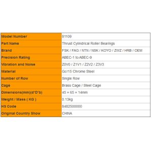 High Temperature 81109 Thrust Cylindrical Roller Bearings Single Row