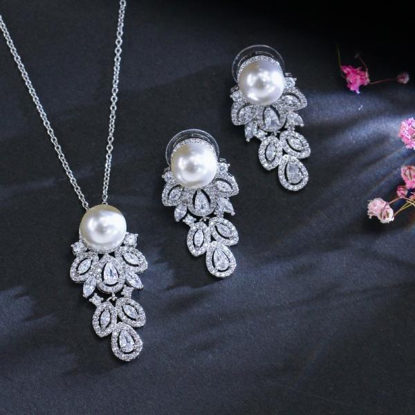 Luxury Crystal Bridal Wedding Jewelry Pearl Rhinestone Women Girls Necklace Sets Engagement Pa