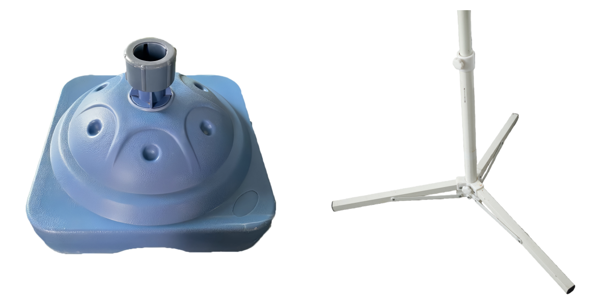 Comparison of steel triangular base and plastic water-fillable base options