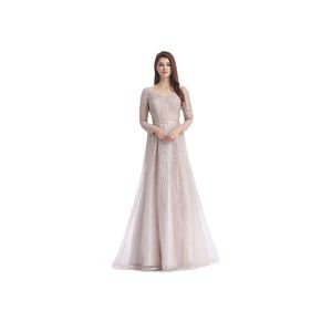 Champagne Fluffy Arabic Style Dress , Long Sleeve Arabic Wedding Dress