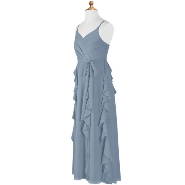 Fashionable A-Line Chiffon Dusty Blue Floor-Length Junior Bridesmaid Dress Cascading Ruffles Princess Spaghetti Straps