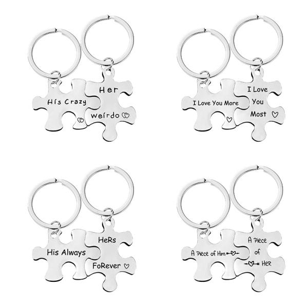Keychain Stainless steel couple puzzle pendant hanging ornament Valentine's Day gift logo words engraved lettering