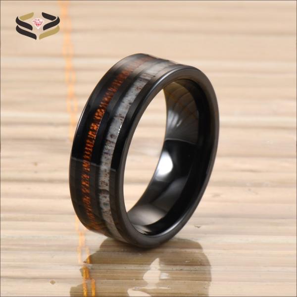 Channel Setting Inlay Technology 8mm Tungsten Carbide Koa Wood Antler Ring for Men and Women Wedding Band Jewelry